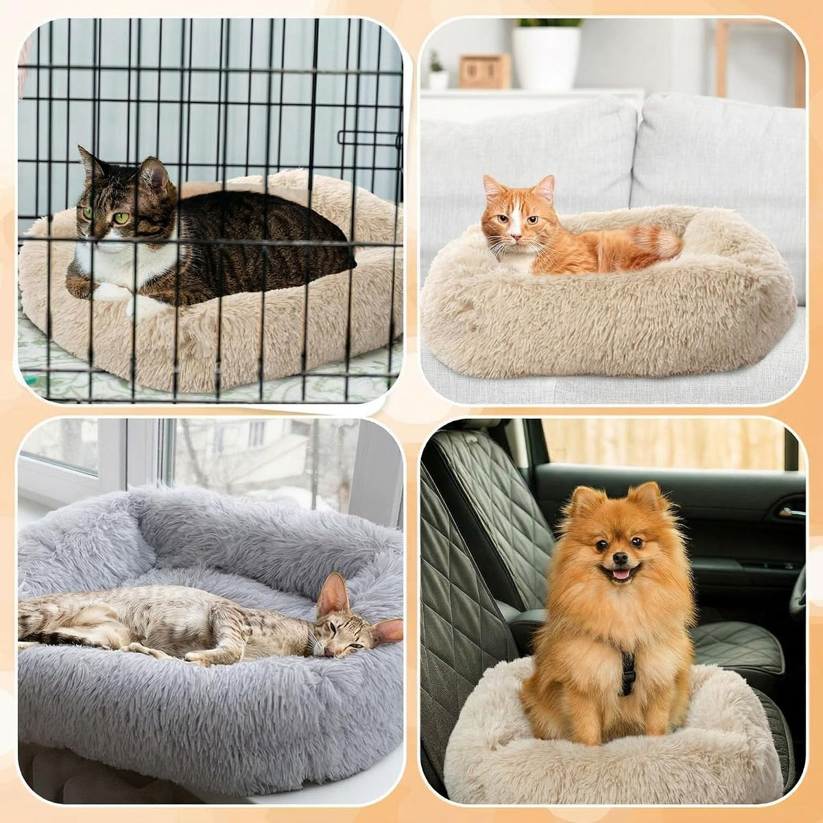 2-Pack Small Calming Dog & Cat Bed Anti Anxiety Fluffy Plush Pet Beds with Anti-Slip Bottom Machine Washable Interchangeable Pet Bed for Kittens & Puppies(Cream and Light Gray,21x16.5 Inch)
