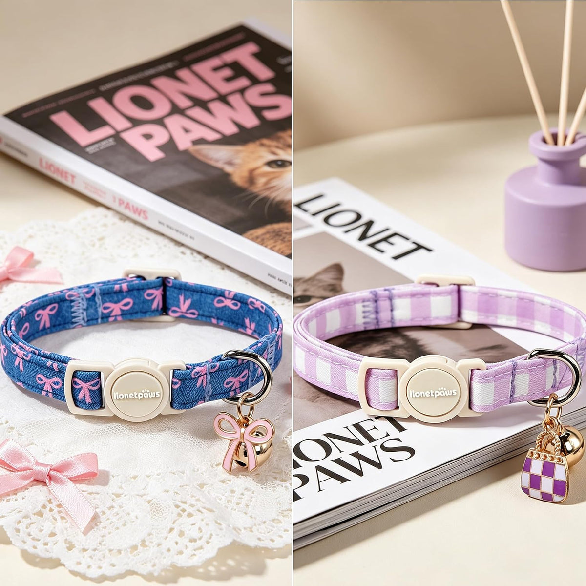 LIONET PAWS 2 Pack Breakaway Cat Collars, Cute Soft Cotton Purple White Plaid & Blue Bow Kitten Collars with Bell for Boy Girl Cats