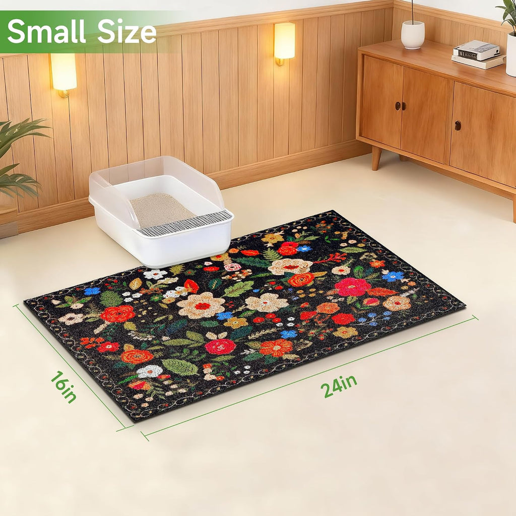 Cat Litter Mat, 24" x 16" Litter Box mat, Traps 100% Litter, Non-Slip Kitty Litter Trapping mats, Small Cute Litter mat, Easy Clean for Scatter Control, Bohe cat Food mat, Urine Waterproof | Traps 100% Litter, Cute litter mat for litter box, Soft on Ki...