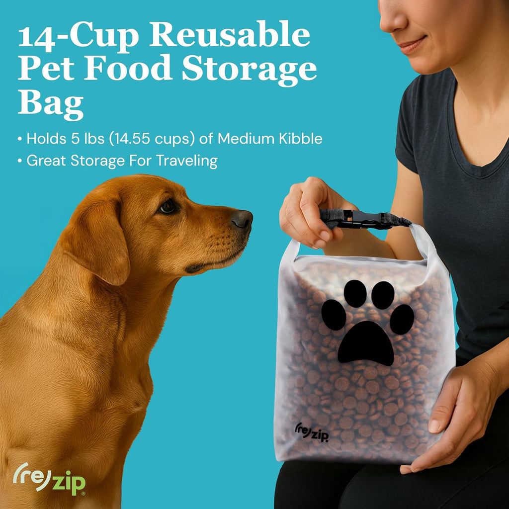 (re) zip Pet Food Storage Bag & Kibble Carrier, 14-Cup Roll Top, Magenta