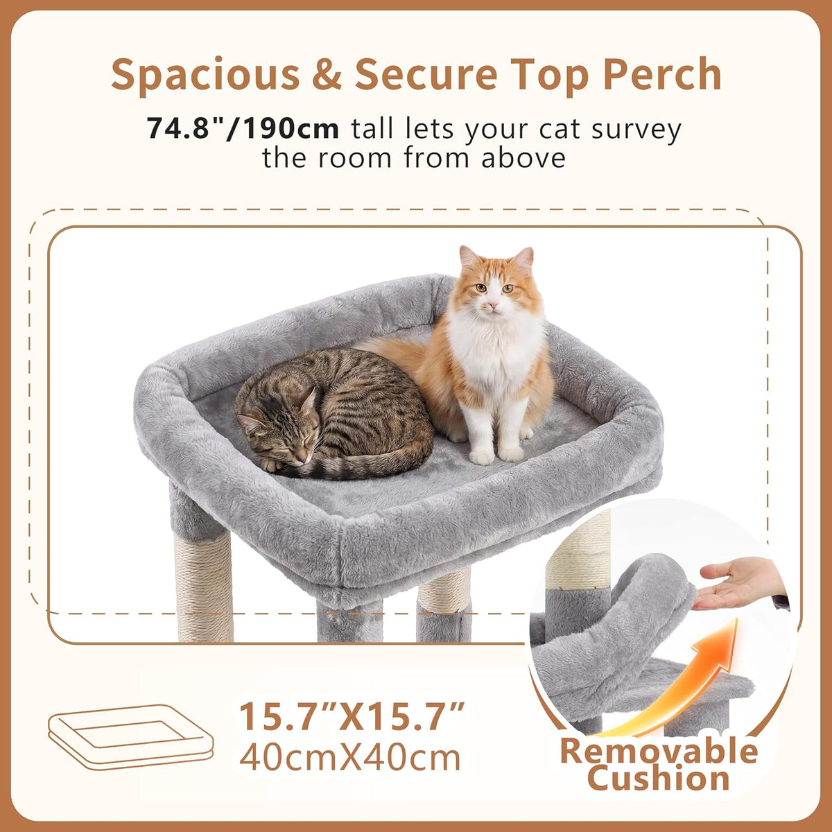 Heybly Cat Tree, 74.8-Inch Spacious & Tall Cat Tower for Large Cats HCT062W