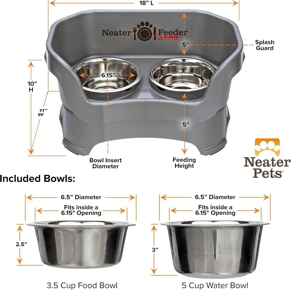 Neater Pet Brands Neater Feeder Deluxe Mess Proof Dog Bowls Elevated for Medium Dogs 19-40 lbs, Made in USA, No Spill Raised Dog Food Bowl Stand Feeding Station, Food and Water Bowl Set, Gunmetal 