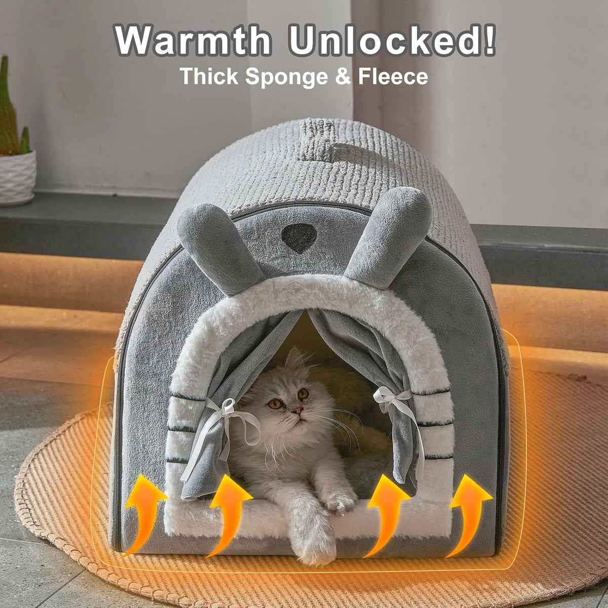 Jiupety Cat Houses for Indoor Cats, Cave Bed with Door Curtain Design,Grey