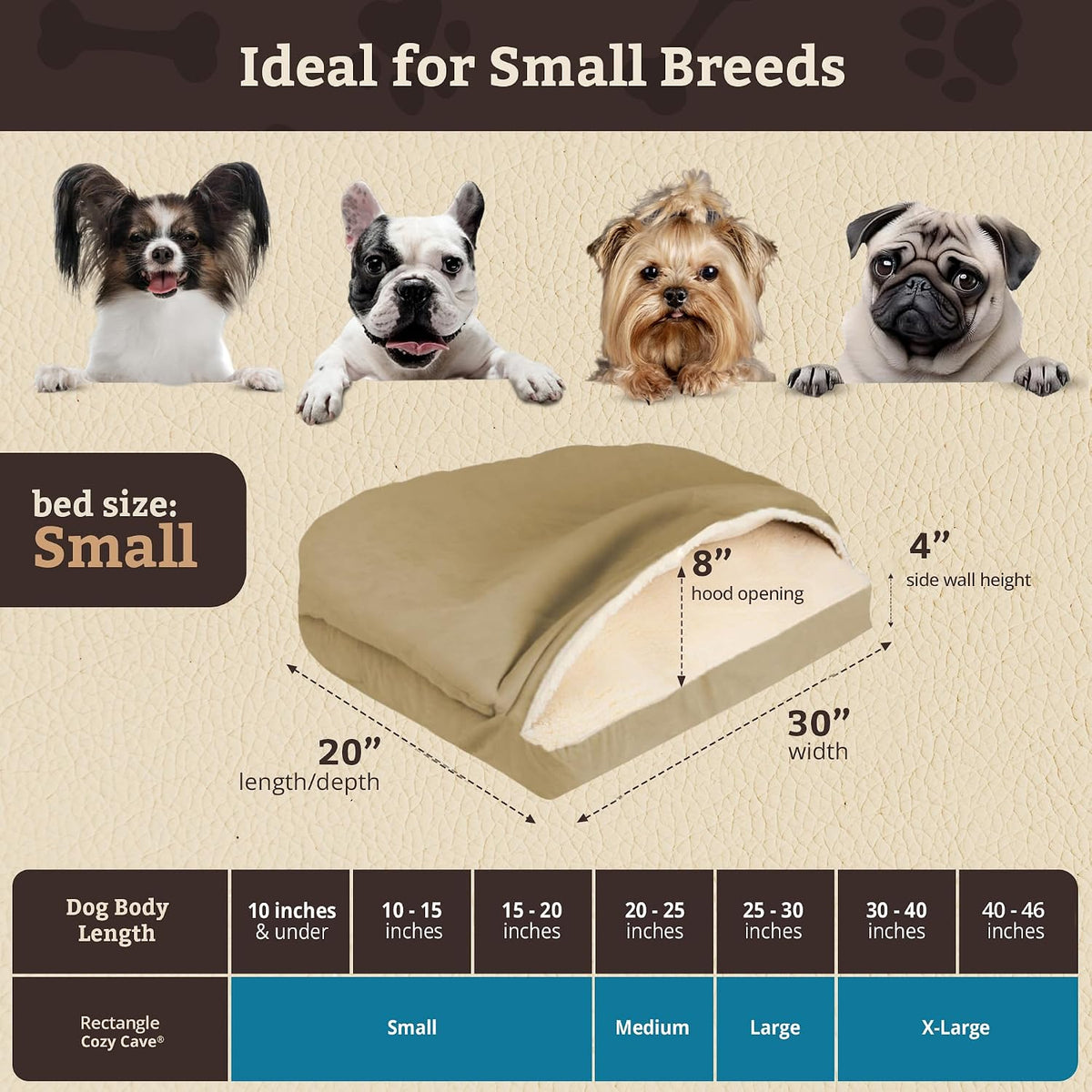 Snoozer Rectangle Cozy Cave Dog Bed, Hooded Dog Bed, Khaki (S)
