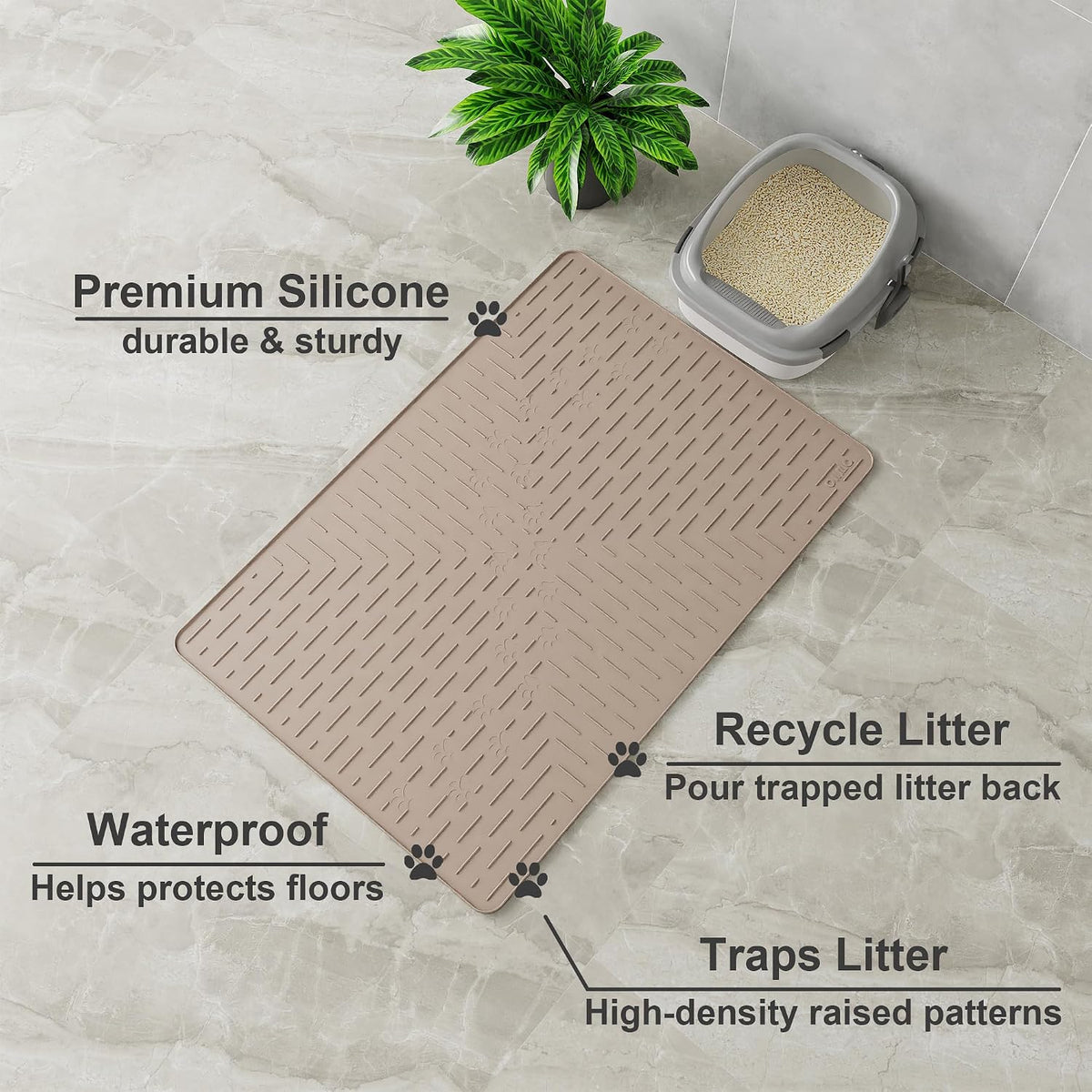 OHMO XL Cat Litter Mat, 37.5x25.2 Silicone Trapping Mat Beige | for Kitty Litter Box, Easy Clean, BPA Free Rubber, Center Litter Collection, Easy Pour-Back, Waterproof, Odor-Resistant