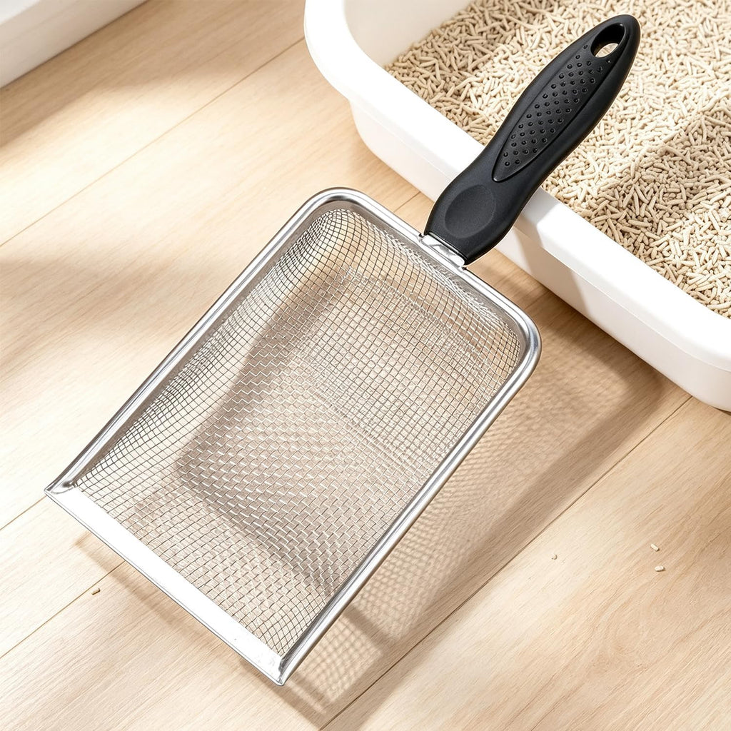 Cat Litter Scoop, Stainless Steel Cats Sturdy Mesh Scooper Kitty Metal Scooper Long Handle Scooper Shovel Sifter for All Litter Types Metal Cat Scooper for Litter Box (2mm fine meash cat litter scoop)