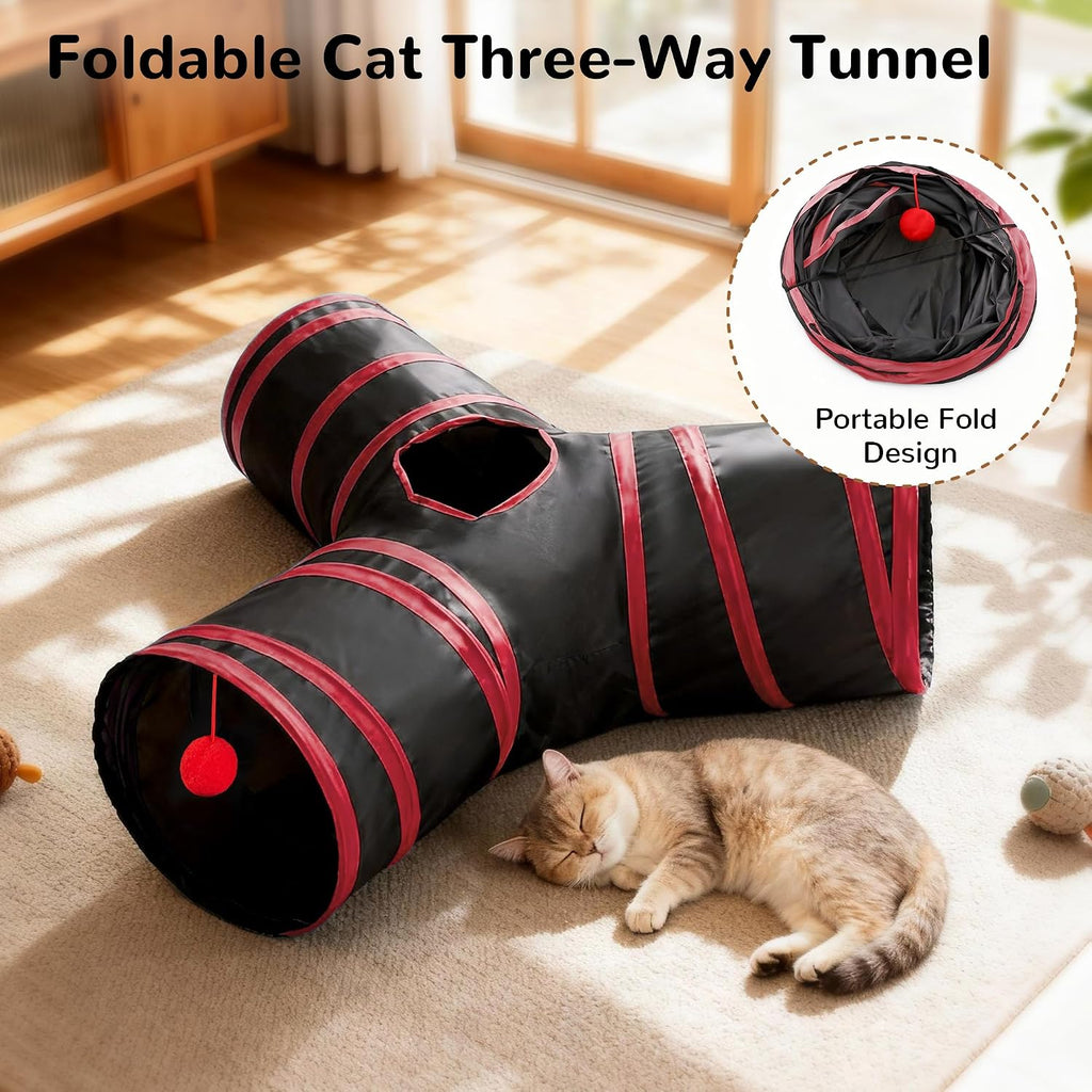 Tempcore Cat Tunnel, 3-Way Collapsible Toy for Indoor Cats, Black & Red | 3-Way Cat Tunnel with Peek Holes, Hanging Ball and Teaser Wand, Collapsible Design for Play, Hiding, Chasing and Exercise