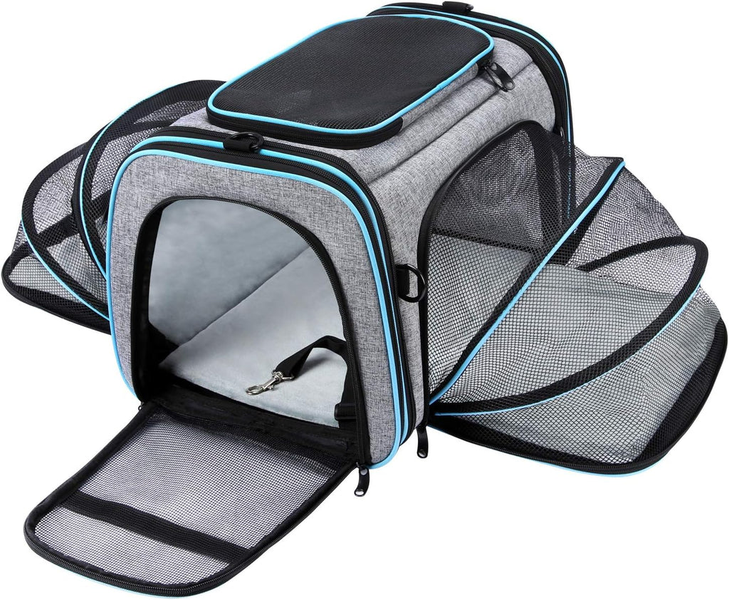 Airline Approved Pet Carrier, Large Soft Sided Pet Travel TSA Carrier 4 Sides Expandable Cat Collapsible Carriers with Removable Fleece Pad and Pockets for Cats Dogs and Small Animals