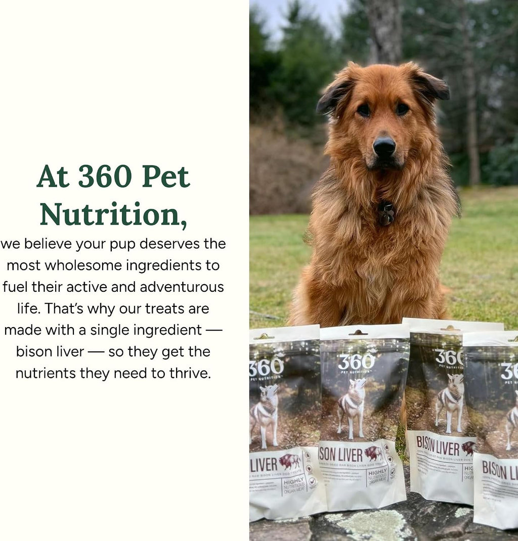 360 Pet Nutrition Freeze-Dried Raw Bison Liver Dog Treats – Single Ingredient, High Protein, Grain-Free, All-Natural Training Snacks, Made in USA, 4 oz