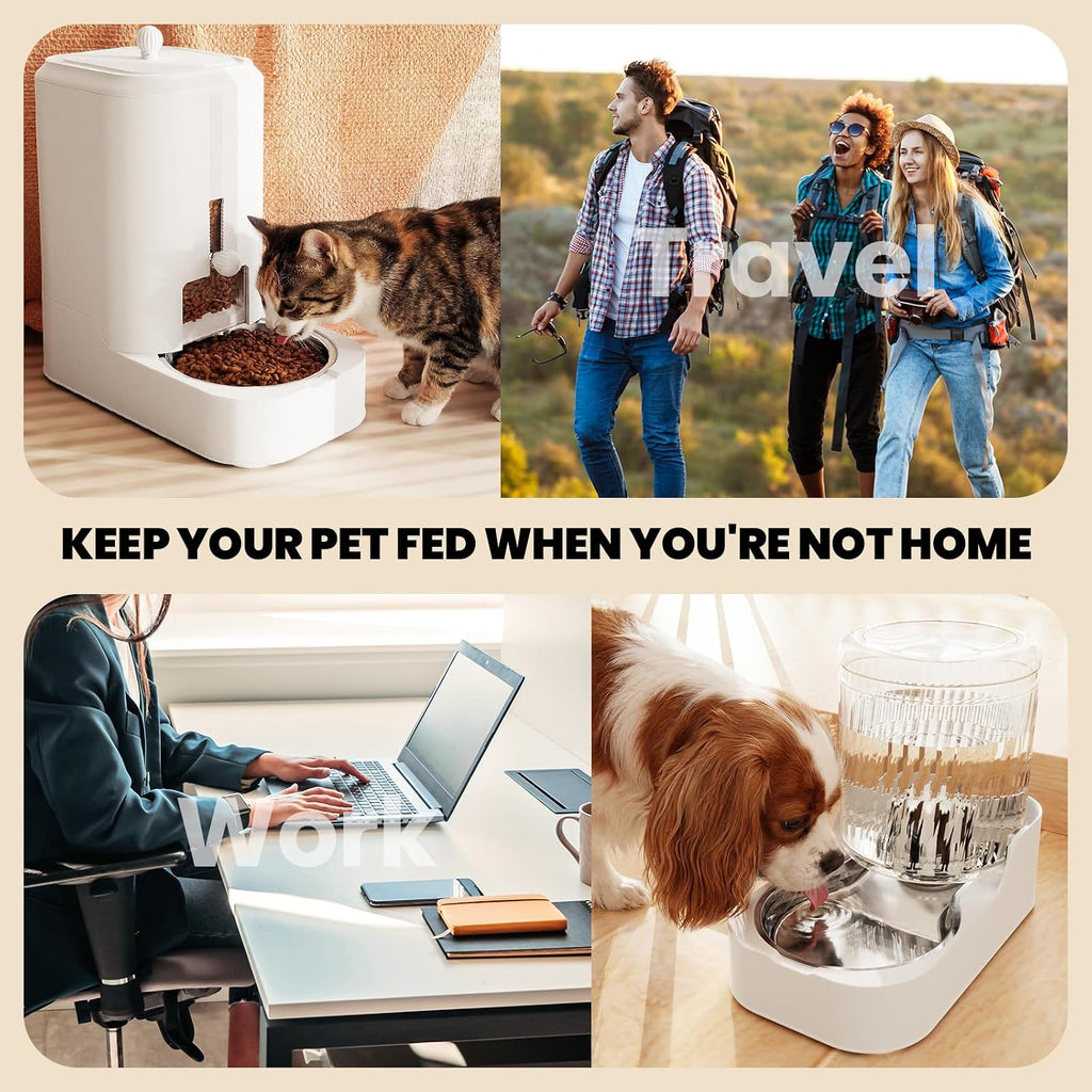 JUNSPOW Automatic Cat Feeder Water Dispenser Set with Stainless Steel Bowls