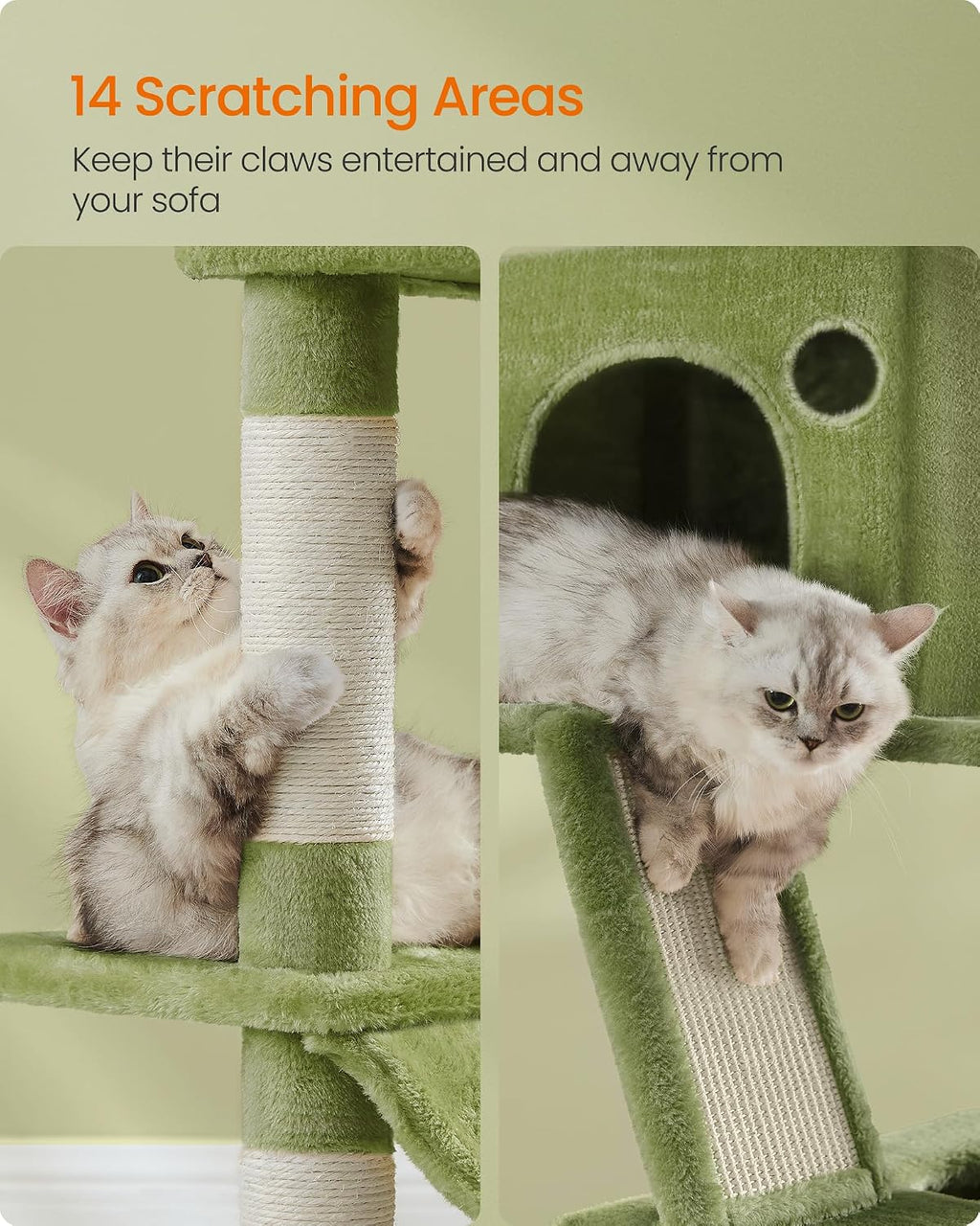 Feandrea Cat Tree, 81.1-Inch Large Cat Tower, Multi-Level Condo, Green