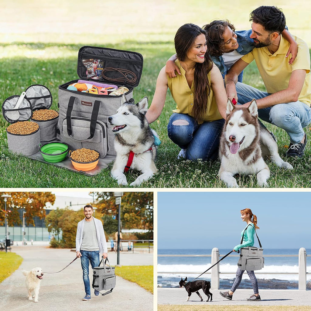 Modoker Dog Travel Organizer with 2 Collapsible Bowls for Supplies & Accessories, Airline Approved Dog Tote Pet Travel Bag with 2 Travel Food Container