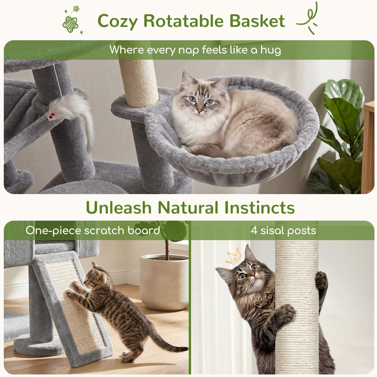 Globlazer S51 Sturdy Cat Tree Tower with Scratching Posts, Light Grey