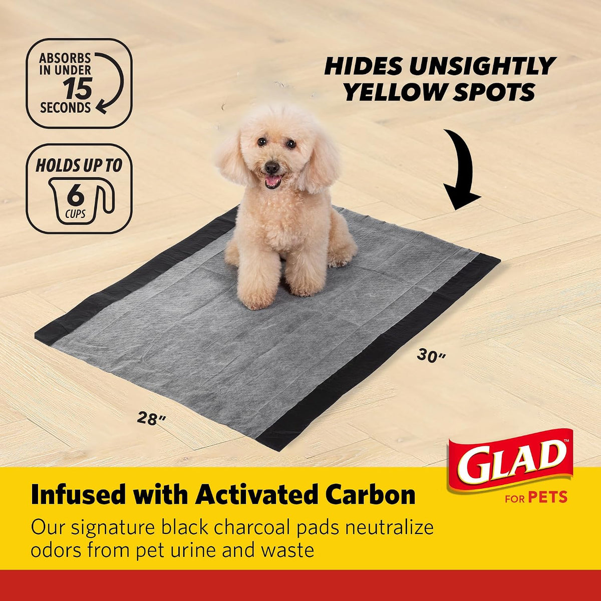Glad for Pets XL Charcoal Training Pads for Dogs and Puppies, 30 Ct, 6-Pk | 6-layer, activated-carbon pads with pheromone attractant, leak-proof, extra-large 28 x 30 in coverage