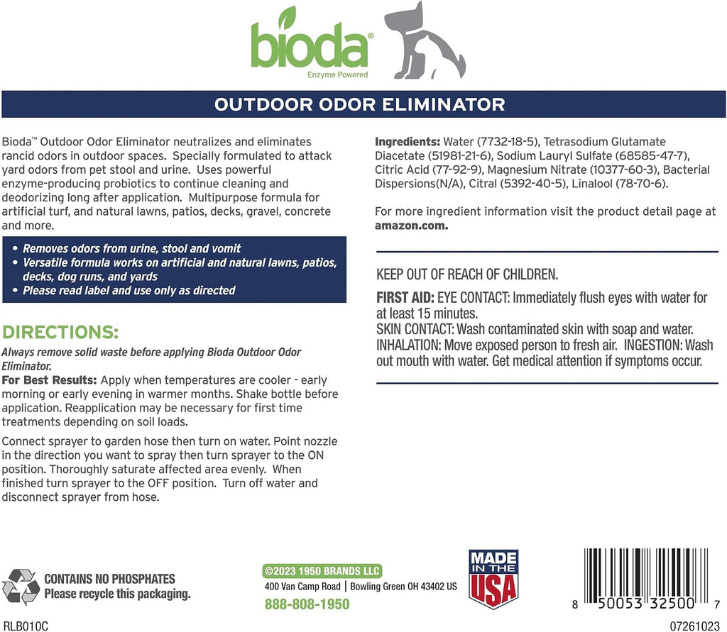 Bioda Probiotic Natural Outdoor Odor Eliminator, 32 oz Spray Bottle, Enzyme