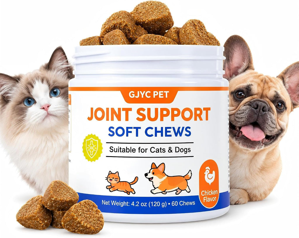 Glucosamine for Cats & Dogs - Hip & Joint Supplement Soft Chews with Chondroitin, MSM, Green-Lipped Mussel & Hyaluronic Acid - Mobility Support for Senior Pets, Chicken Flavor, 60 Count