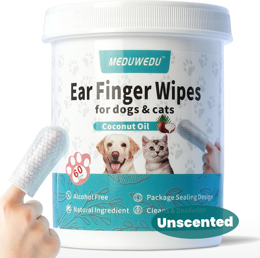 MEDUWEDU Ear Cleaner Finger Wipes 60 Counts, Dog Ear Cleaner, Grooming Kit Care for Dogs and Cats, Soft & Easy Otic Cleaning Pads, Remove Wax, Dirt & Stop Smelly, Itchy, Non-Irritating, Unscented