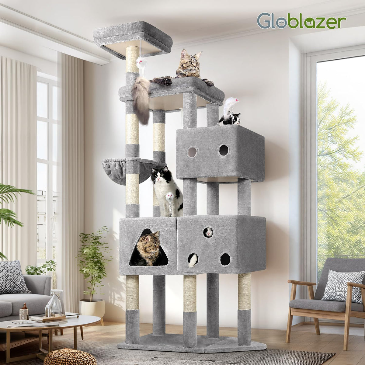 Globlazer Extra Large Cat Tower for Big Cats 20 lbs, 81in, F81, Light Grey