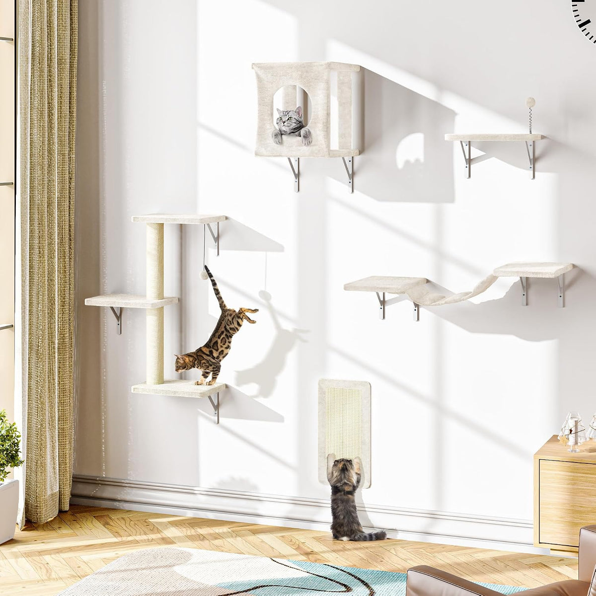 Cat Wall Shelves Set, 5 Pcs Wall-Mounted Cat Shelves, Beige