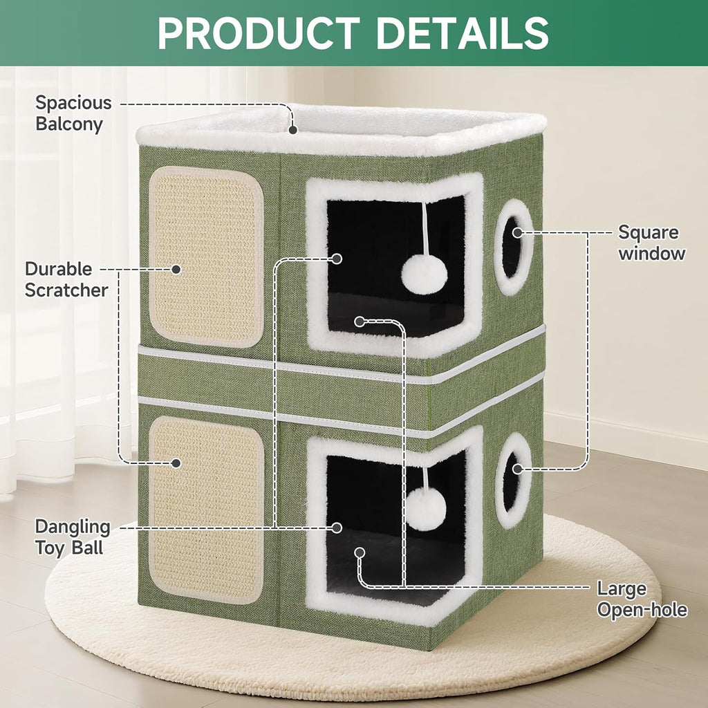 Shikha 2 Story Cat House beds for Indoor Cats with Scratch Pads Green