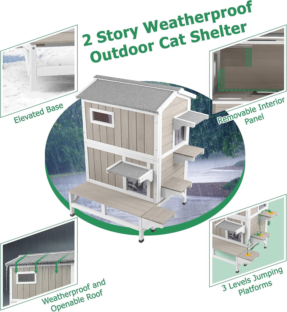 GoWoodHut Outdoor Cat House Weatherproof Cats Shelter for Feral Kitten Pet Houses for 1-2 Small Animlas 2 Story Wooden Houses for Indoor Outdoor Cats with Escape Doors (25.5" D x 33.5" W x 39.5" H)