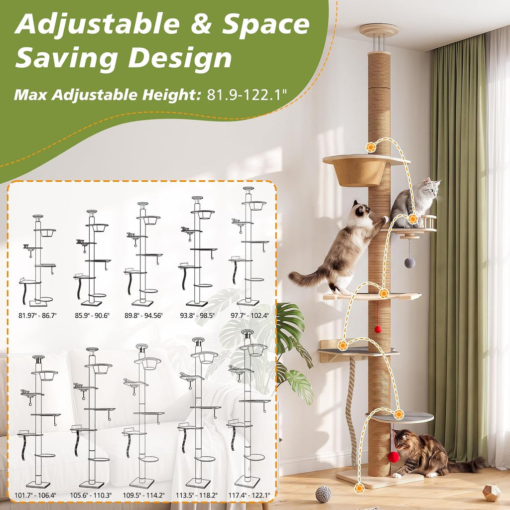 Cat Tree Floor to Ceiling, Cat Tower with Hammock & Perch, Scratching Post
