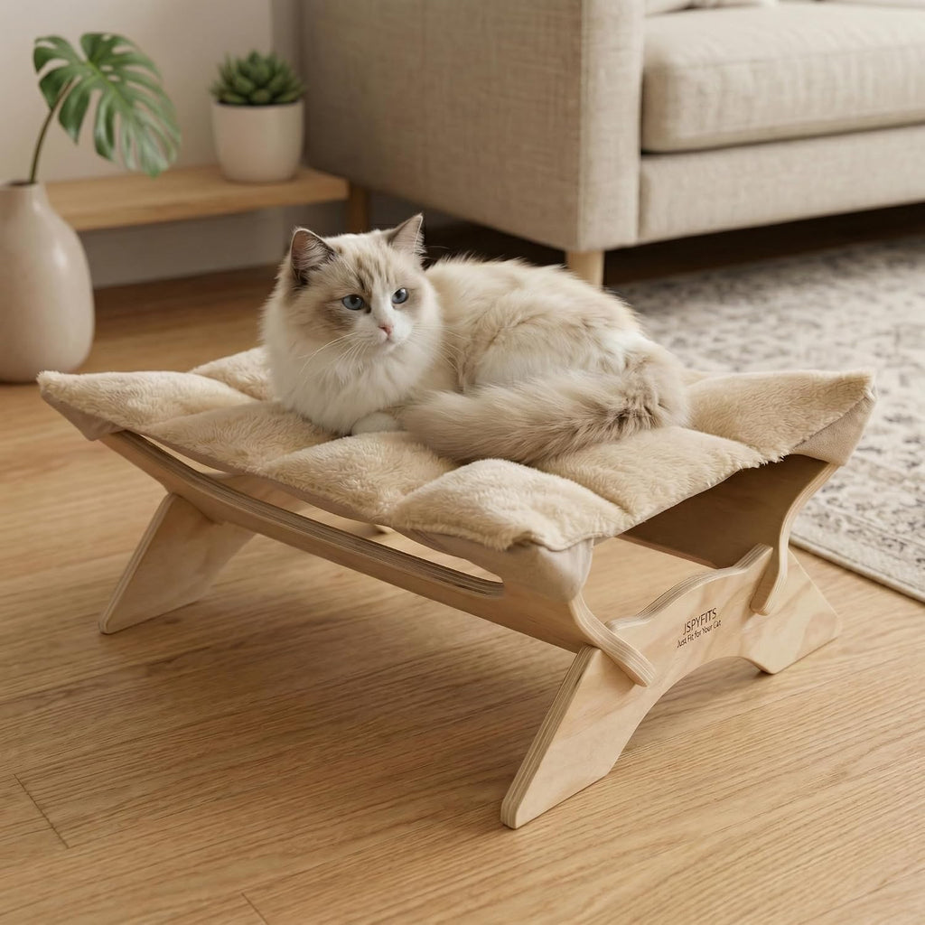 JSPYFITS Elevated Cat Bed Hammock, Raised Cat Bed with Dual-Sided Plush & Linen Cushion, Machine Washable & Breathable Cover Tool Free Easy Assembly, up to 66Lbs (Beige)