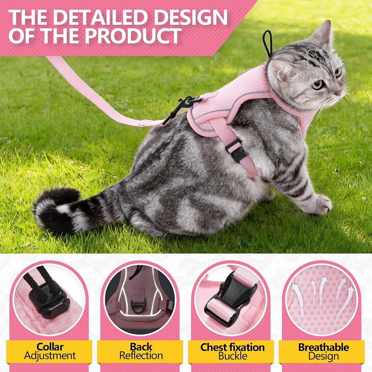 JOHNBOLIN Cat Harness and Leash Set - Escape Proof, Adjustable Breathable Vest Harnesses with Reflective Strips, Easy Control & Secure Walking for Small Medium Large Cats Kitten Collar (Pink, Medium)