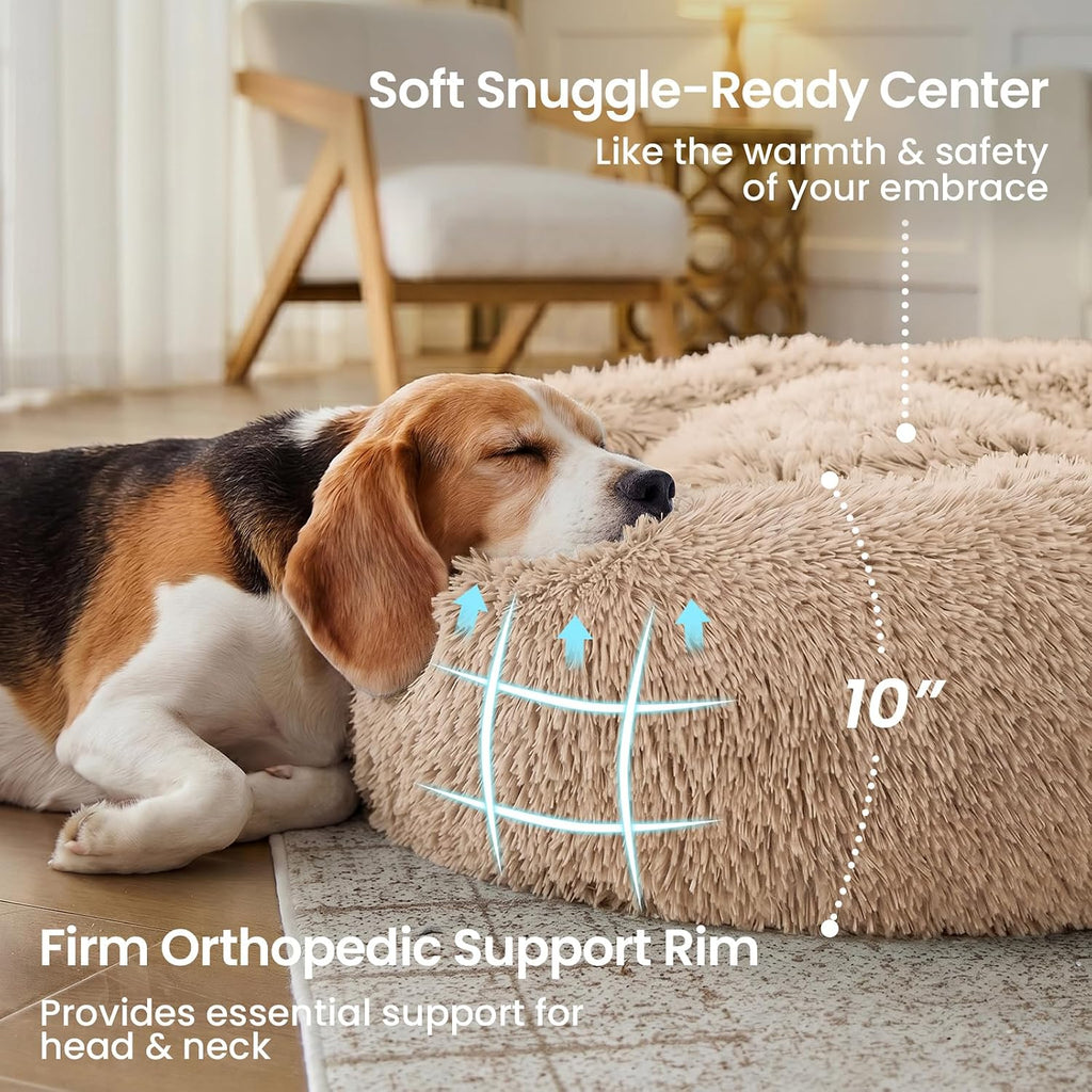JOLLYVOGUE Calming Dog Beds Extra Large Sized Dog, 45in Donut Washable Large Pet Bed, Anti-Slip & Anti-Anxiety Fluffy Faux Fur Round Dogs Bed, Fits up to 125 lbs Pets (Camel)