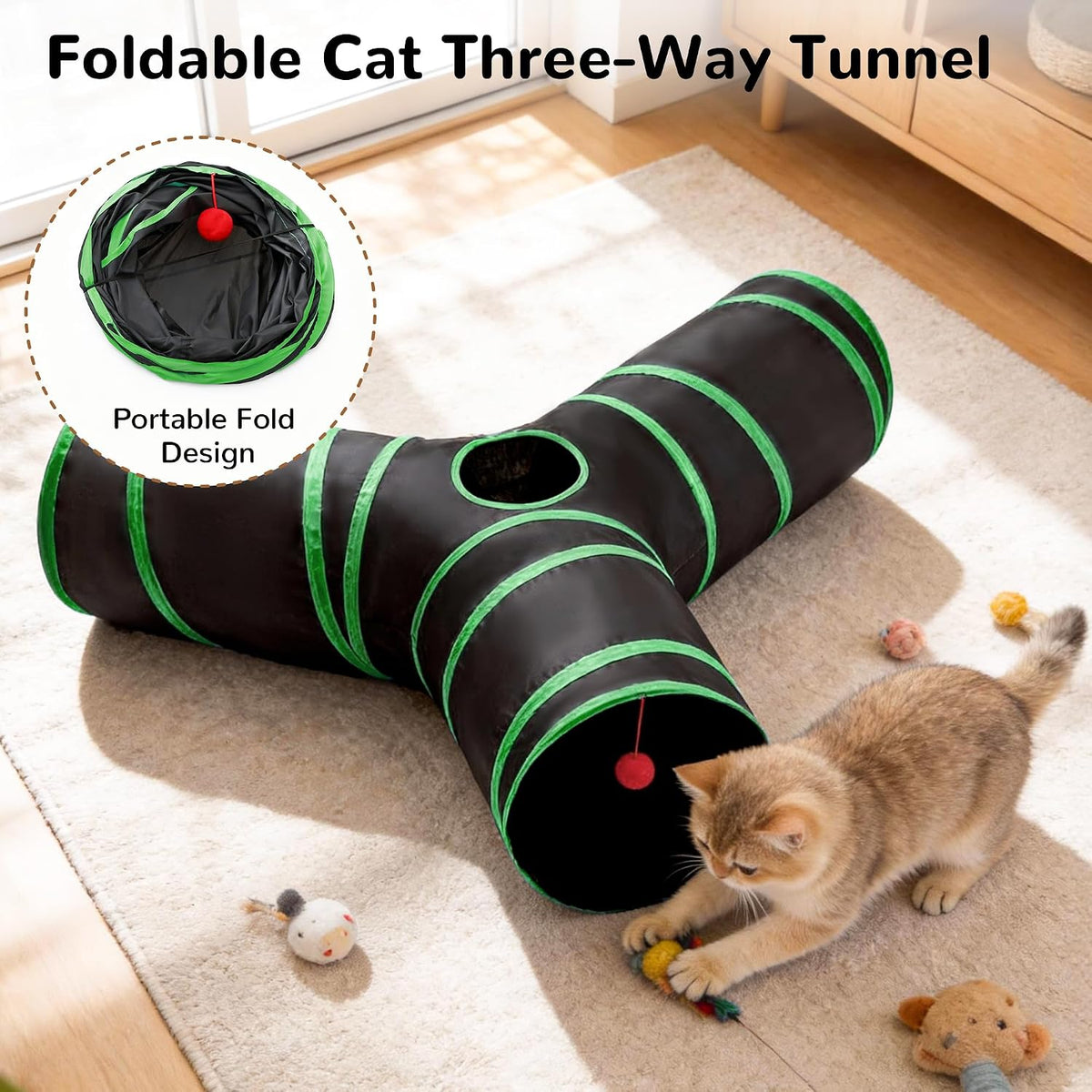Tempcore Cat Tunnel, 3-Way Collapsible Toy, Large Size Black & Green | Large Size 3-Way Cat Tunnel Provides More Room for Cats to Run, Hide and Chase, with Peek Holes, Hanging Ball and Teaser Wand