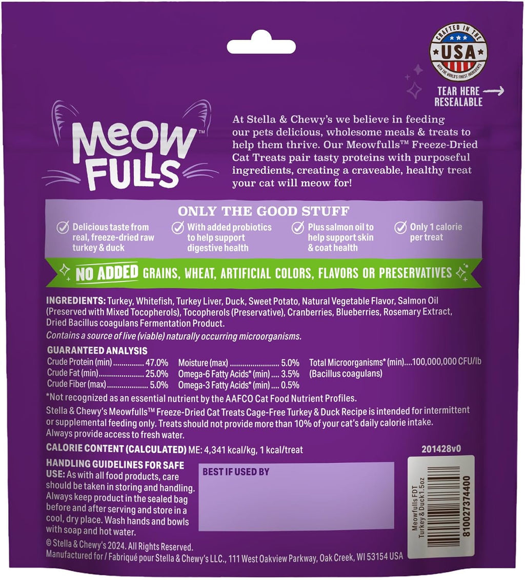 Stella & Chewy's Meowfulls Freeze Dried Cat Treats - Turkey & Duck Recipe - Raw Protein with Probiotics & Salmon Oil - 1 Calorie Per Treat - 1.5 oz
