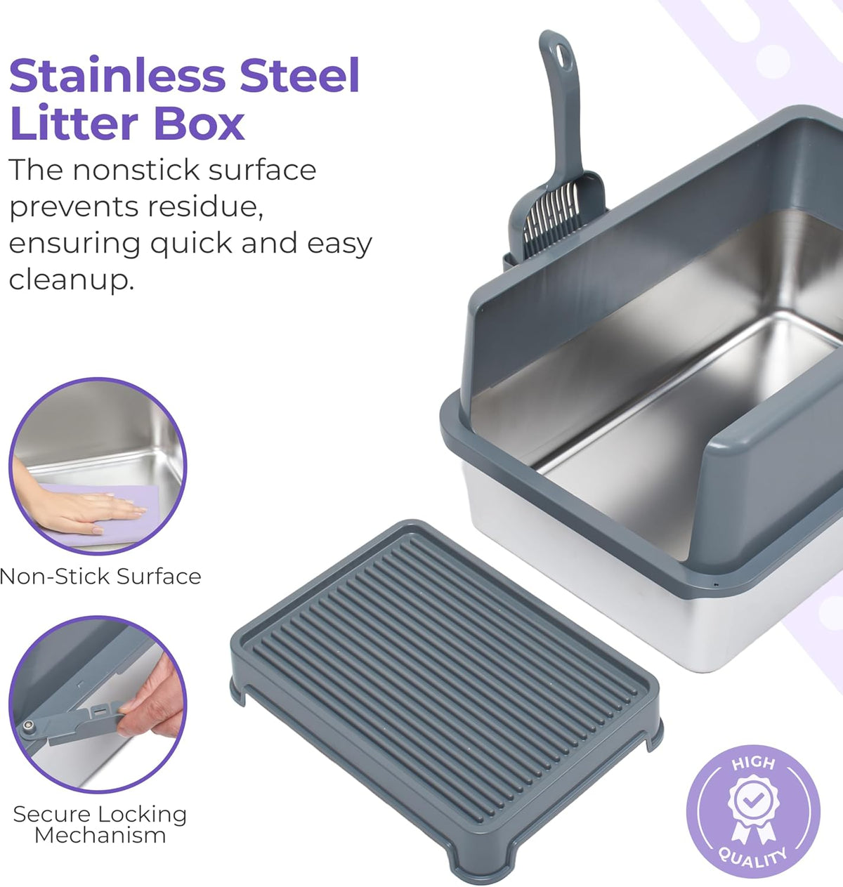 iPrimio Stainless Steel Cat Litter Box, XL Set with Scooper and Litter Mat | Complete XL steel setup with enclosure, step scoop and elevated mat. Scratch proof and bite proof, so it lasts for years.