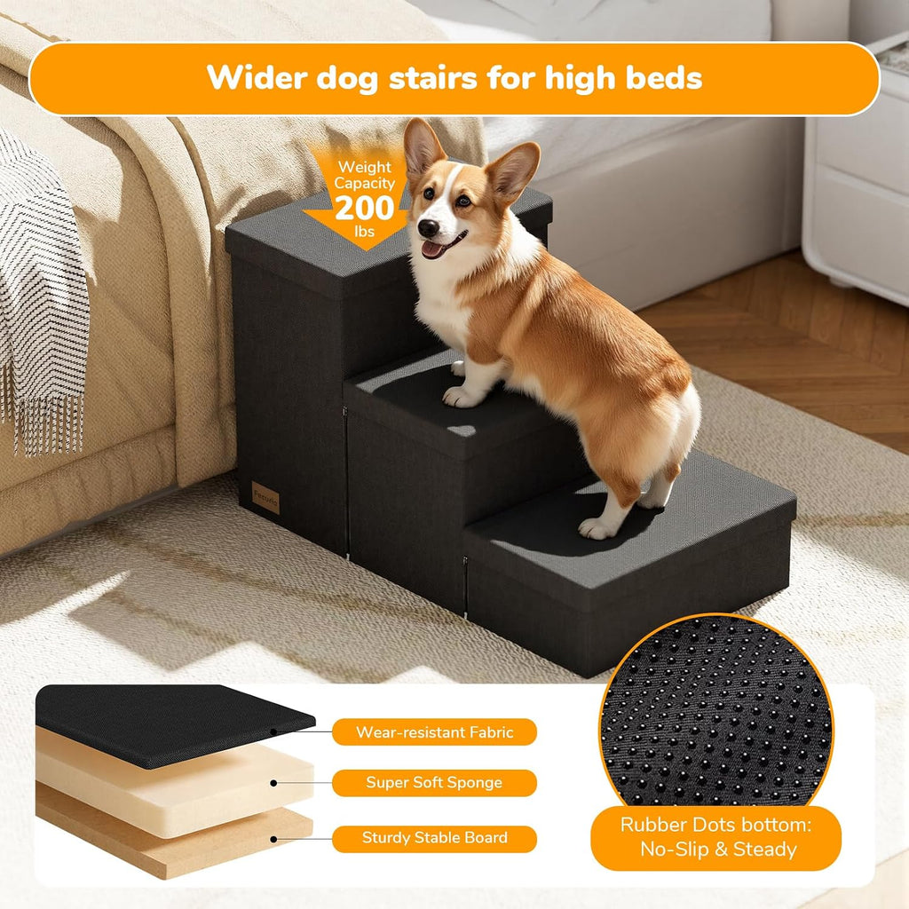 3-Step Wide Dog Stairs with Storage 18" H, Non-Slip Sturdy Pet Steps for High Bed Couch Window, Pet Stairs for Small/Medium/Large Old Dogs Cats Up to 200lbs, Cat Dog Steps for Car/SUV, Black