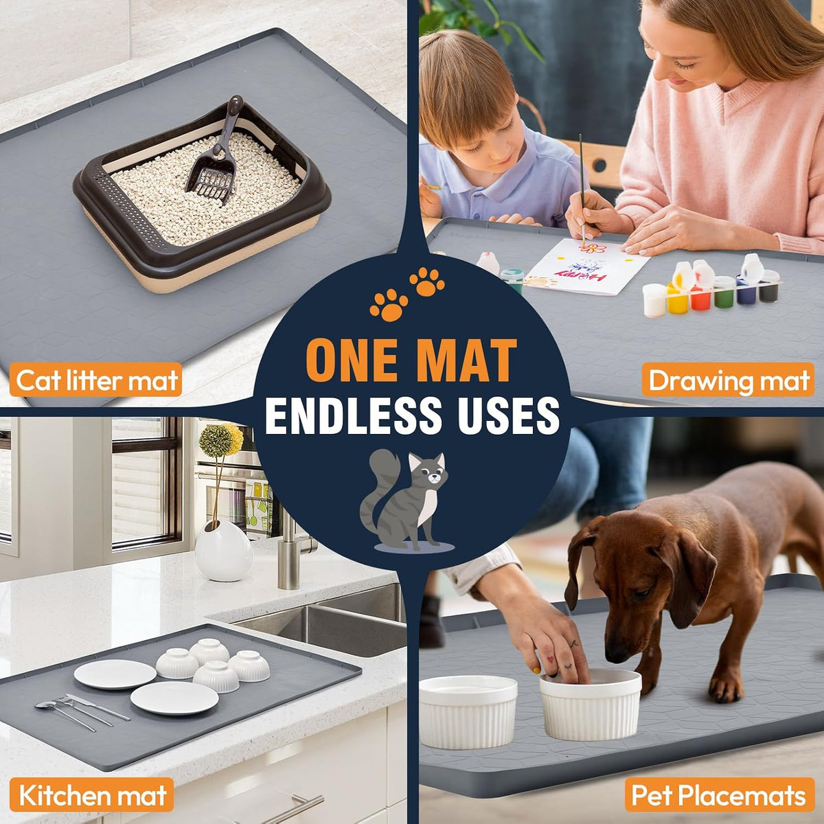 Cat Litter Mat, 34"x22" Waterproof Silicone, Litter Trapping | Large Size, Non-Slip Floor Pad, Easy to Clean, Indoor Cats, for Litter Box, Traps Litter & Dirt, Green