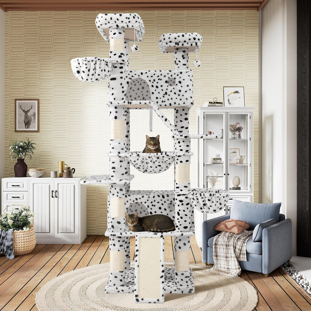 SHA CERLIN 81in Multi-Level Tall Cat Tree Tower for Indoor Kitties/Larger Cat Condo Furniture with Hammock/Cozy Pussycat Perches/Sisal Scratching Posts/Pet House/Wide Base/White & Black Spot