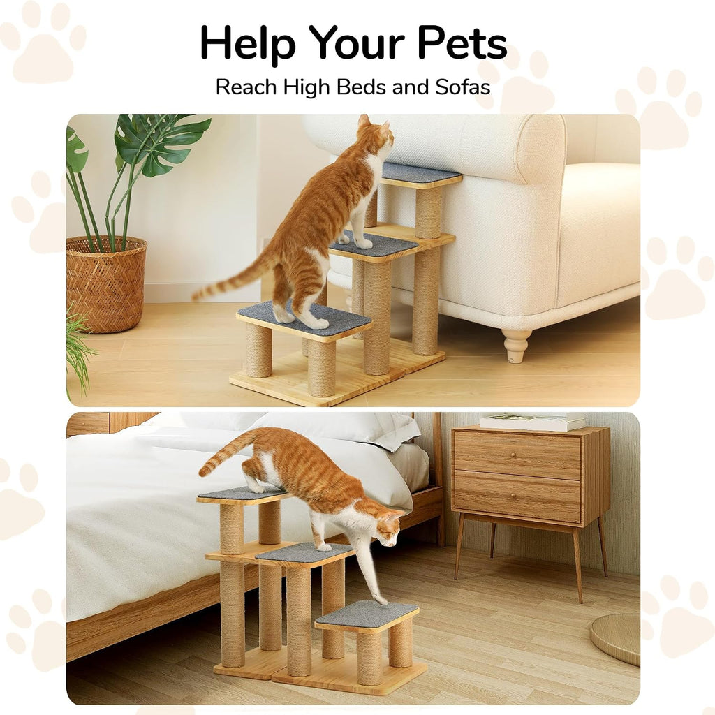 FUKUMARU Dog Stairs, Solid Wood Pet Stairs with Cat Scratching Post