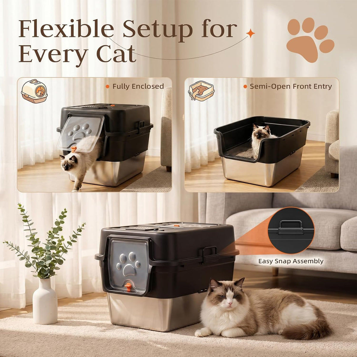 Jotesnew 2 Pack XL Enclosed Stainless Steel Litter Box with Lid, Black