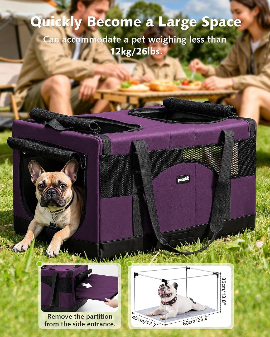 Pecute Cat Carrier, Soft Double Pet Crate for 2 Cats Travel, Purple