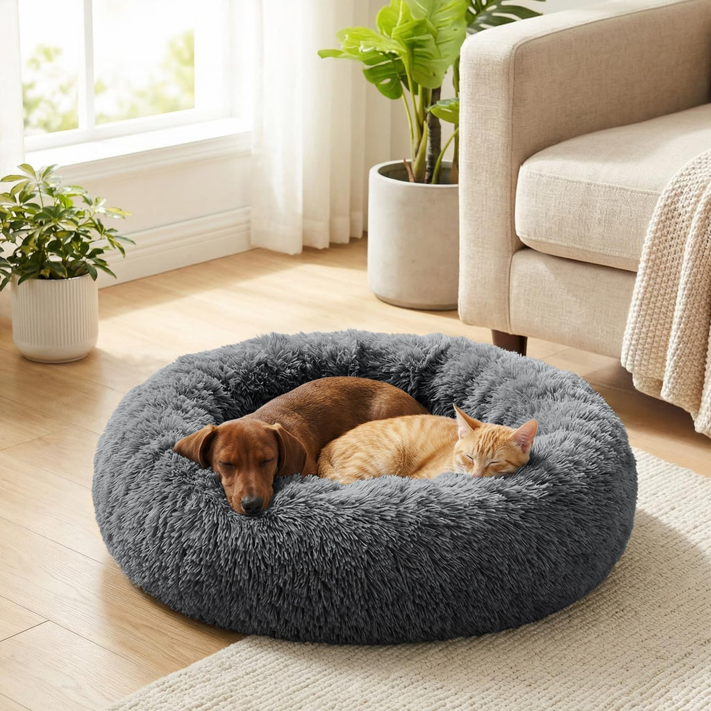 PetAmi Calming Donut Dog Bed, Washable Faux Fur, 30 Inch Medium, Grey