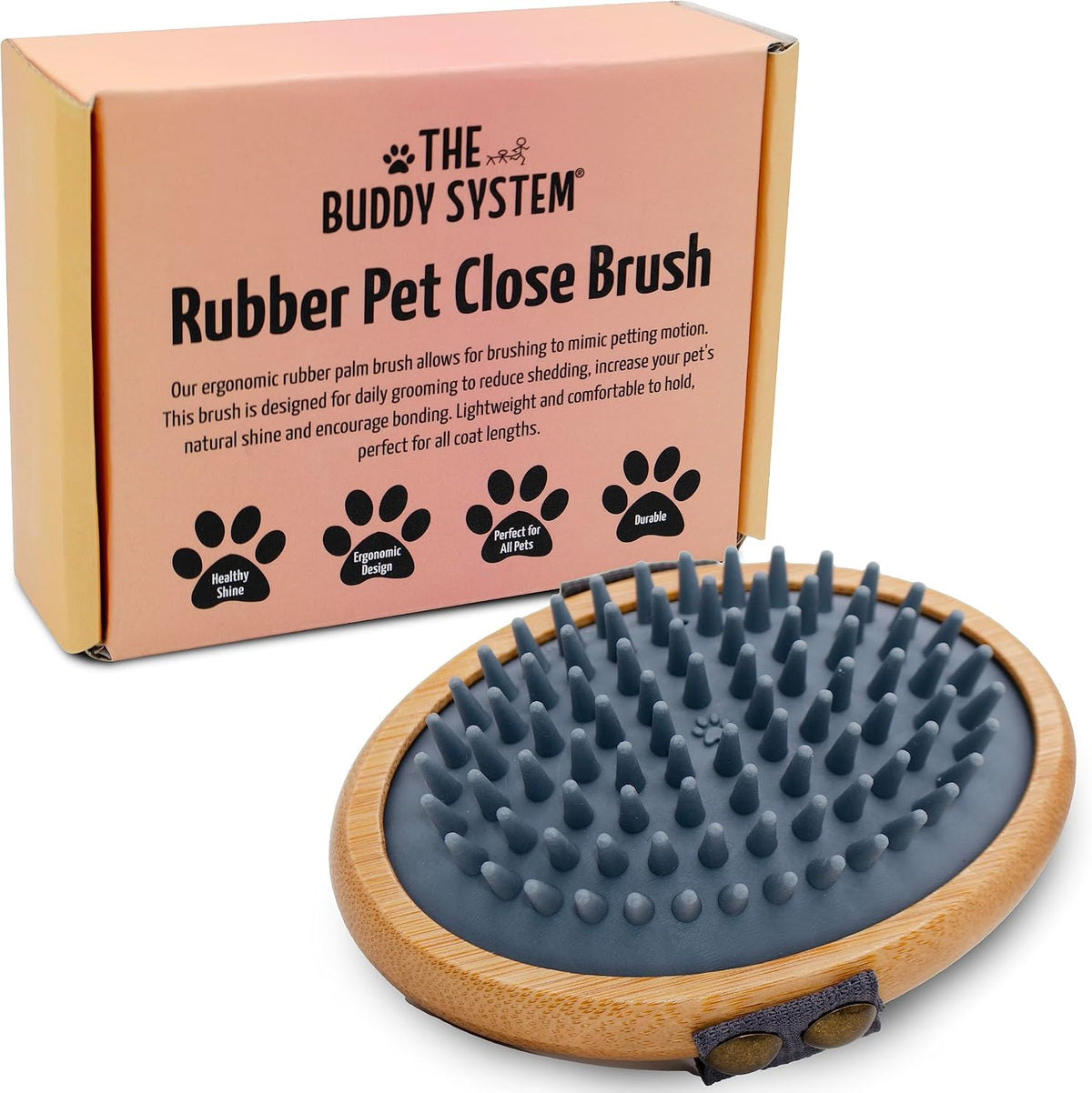 The Buddy System - Pet Close Brush, Oval Palm Brush with Rubber Bristles