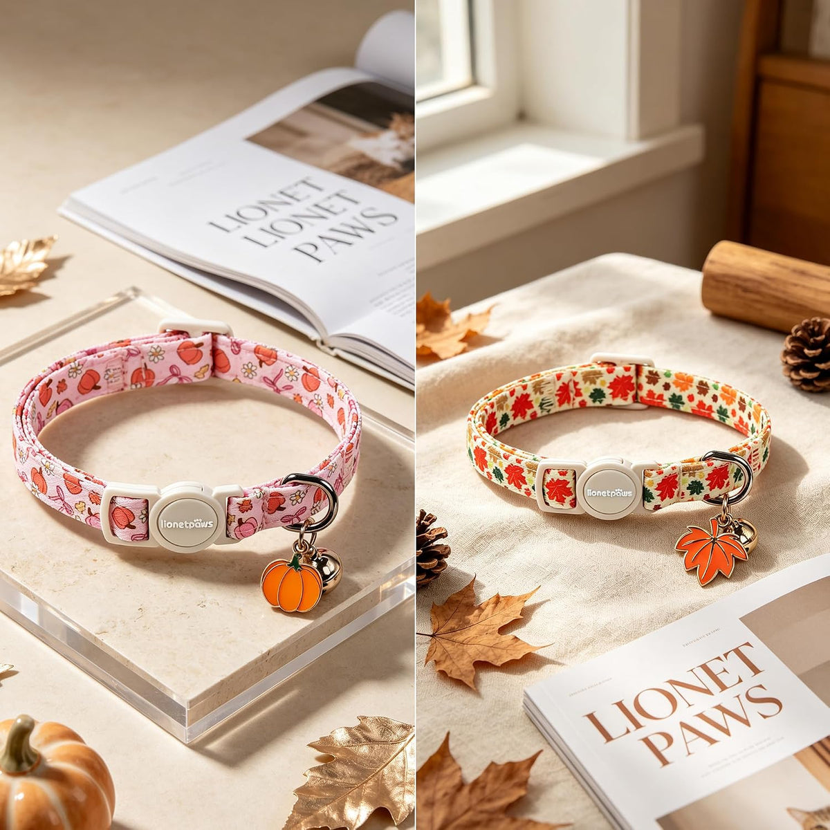 LIONET PAWS 2 Pack Breakaway Cat Collars, Cute Soft Cotton Fall Pink Floral Pumpkin & Maple Leaves Kitten Collars with Bell & Charm for Boy Girl Cats