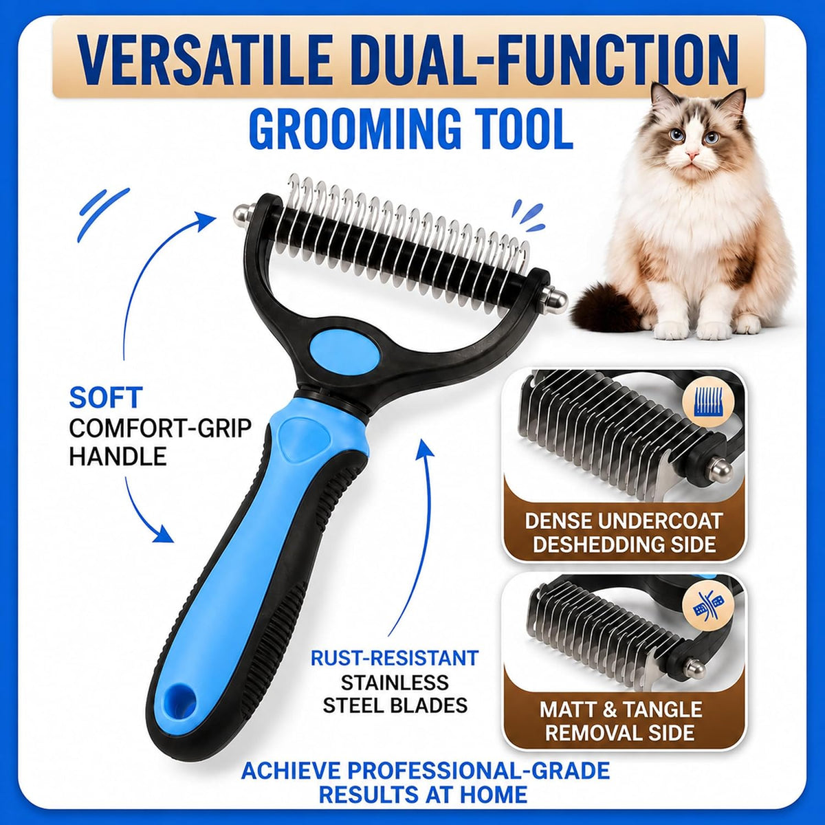 2-in-1 Double-Sided Pet Grooming Comb for Dogs & Cats - Deshedding Brush & Rounded-Tooth Dematting Tool | Painlessly Removes Knots, Tangles, Loose Undercoat & Fur in Thick/Long Coats (Blue-Large*2)