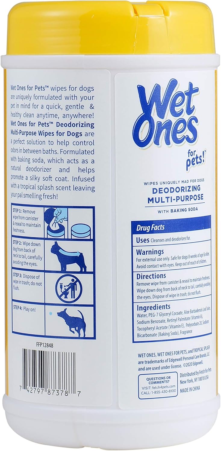 Wet Ones for Pets Deodorizing Dog Wipes, Tropical Splash, 50 Count, 12-Pack | Baking soda formula, multipurpose grooming wipes, resealable canister, for daily deodorizing use, gentle 