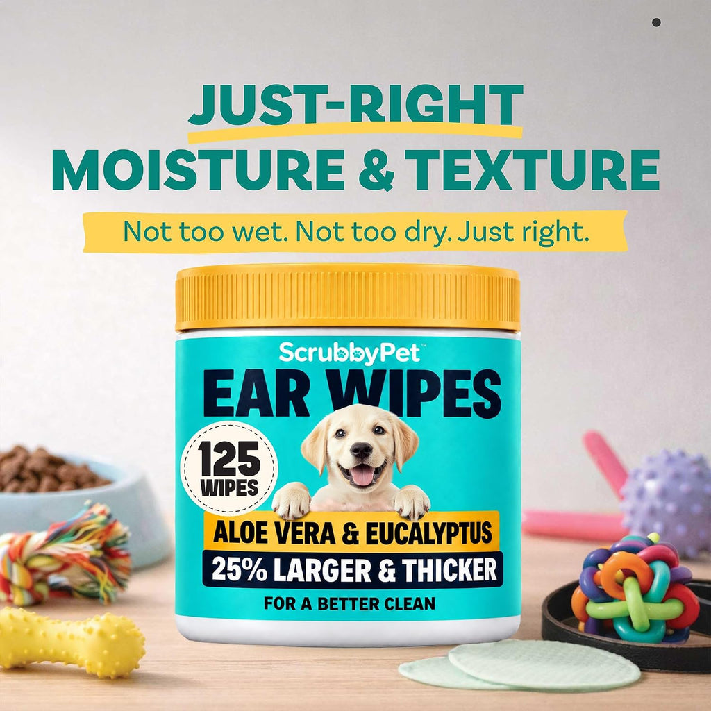 Scrubby Pet Ear Wipes for Dogs | Extra Thick with Aloe Vera & Eucalyptus | 125 Count | Hypoallergenic Ear Cleaner for Dogs with Pearl Texture for Deeper Clean