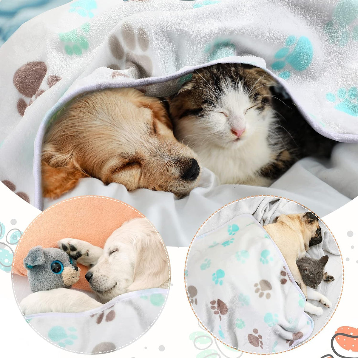 Tatuo 4 Pcs Fleece Dog Blankets for Puppy Cat, White, 24 x 16 in, Paw