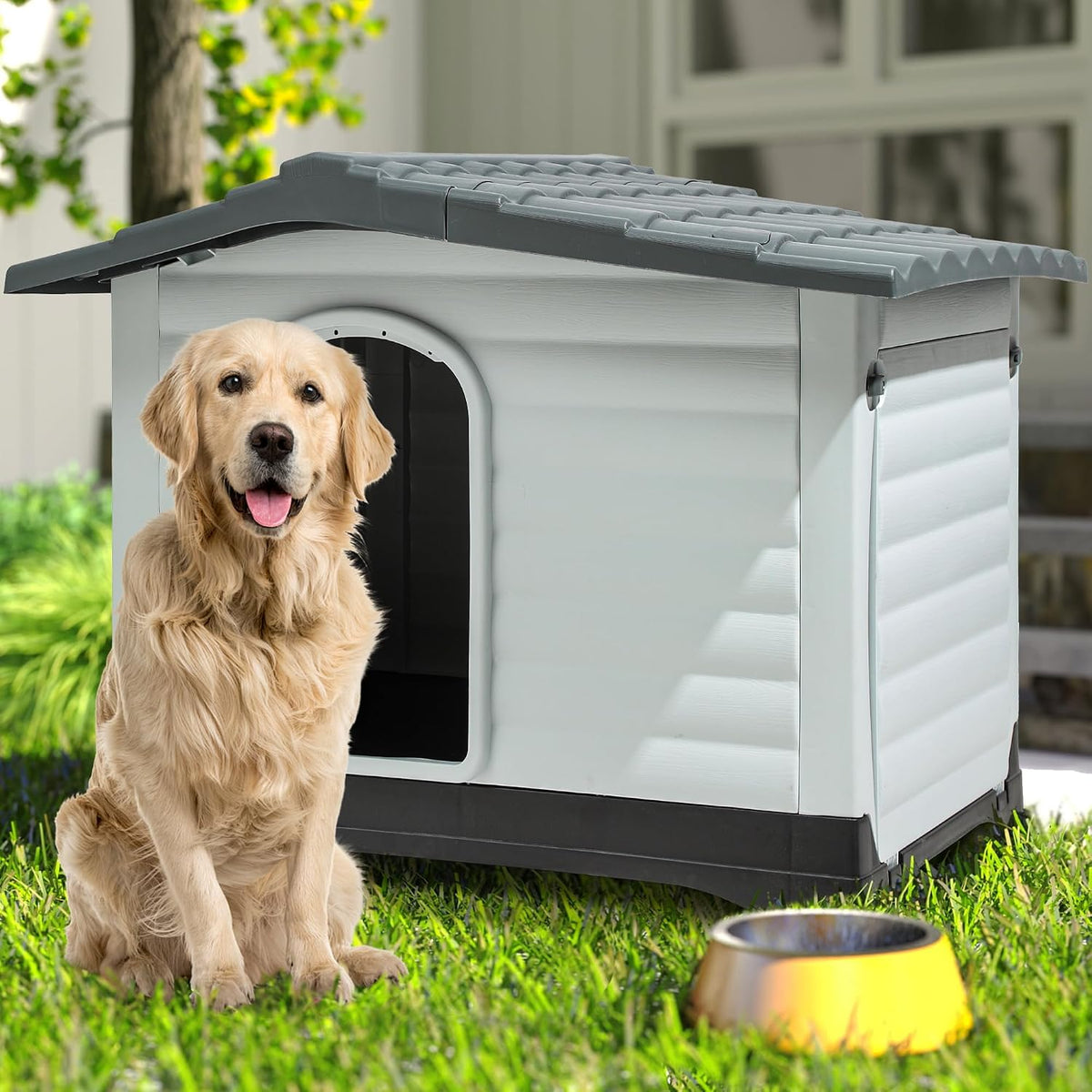 DWVO 2-Door Large Dog House with Elevated Base & Cushion, Weather-Resistance Dog Bed House for Indoor/Outdoor Use, Easy Assembly Pet House for Small to Large Dogs (43.7''L x 33''W x 31.6''H)