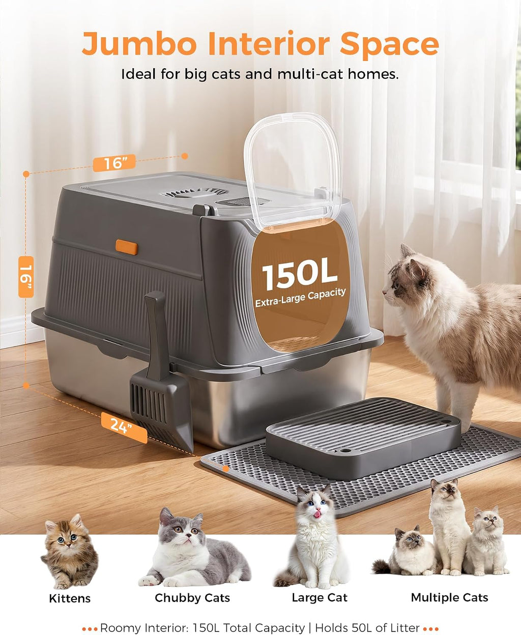 GTPLAYER XL Stainless Steel Cat Litter Box with Lid, High Sided Enclosed Cat Litter Box, Activated Carbon Odor Control, Extra Large Metal Litter Box, Anti-Leak, with Mat & Step, Gray
