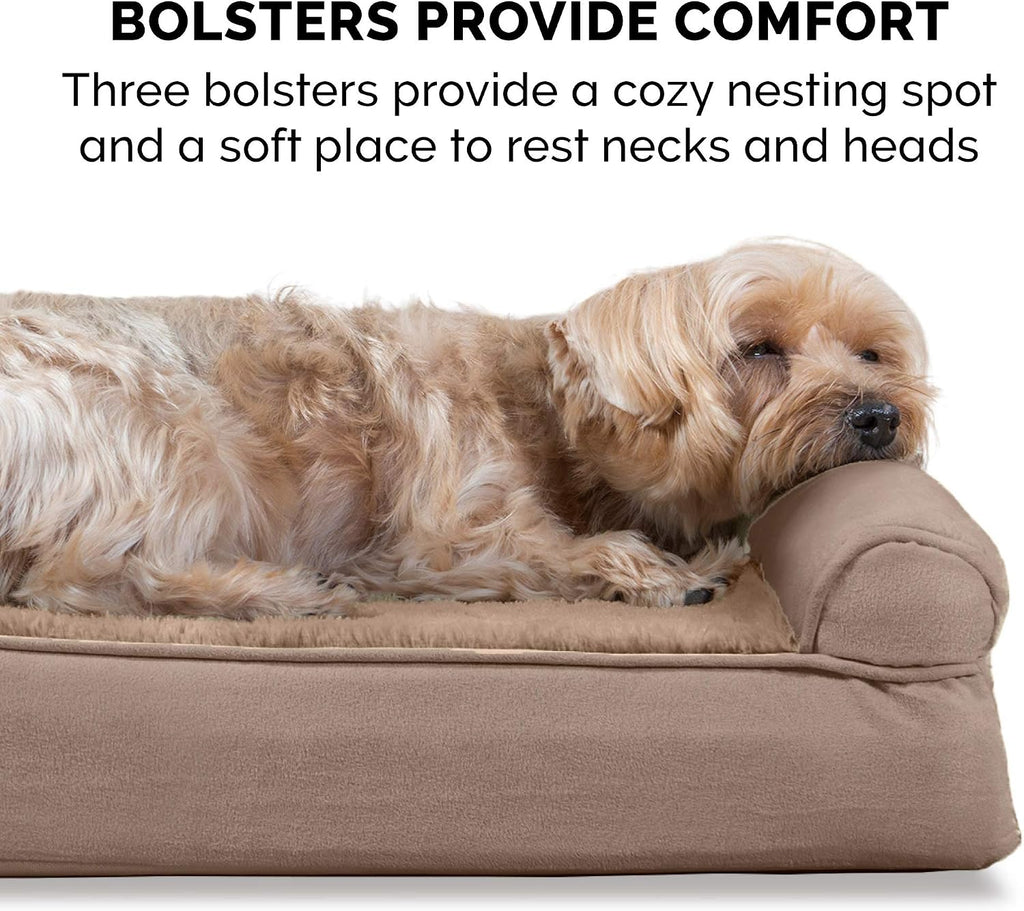 Furhaven Cooling Gel Dog Bed for Medium/Small Dogs w/ Removable Bolsters & Washable Cover, For Dogs Up to 35 lbs - Plush & Suede Sofa - Almondine, Medium