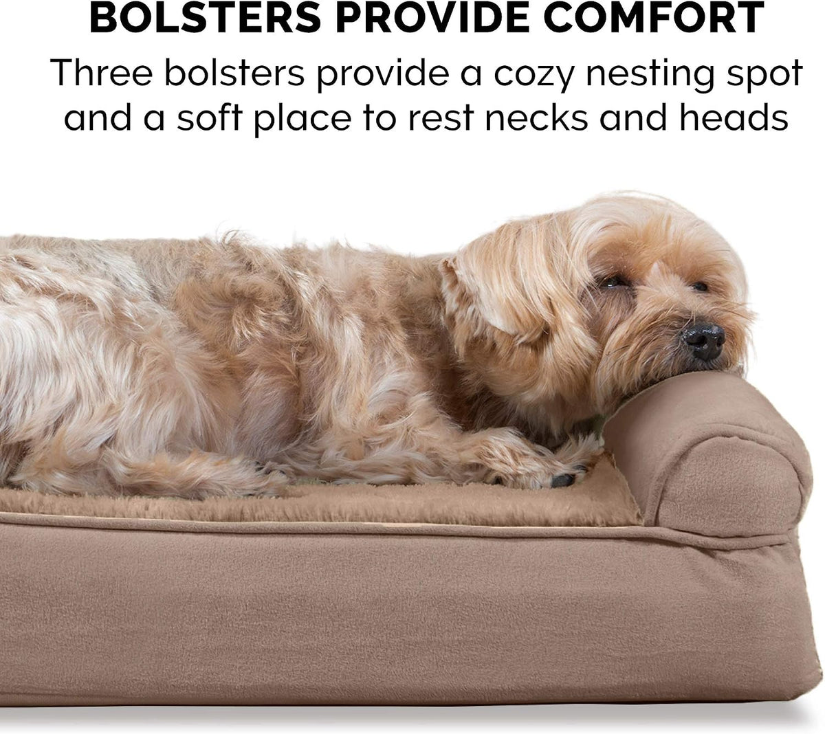 Furhaven Cooling Gel Dog Bed for Medium/Small Dogs w/ Removable Bolsters & Washable Cover, For Dogs Up to 35 lbs - Plush & Suede Sofa - Almondine, Medium