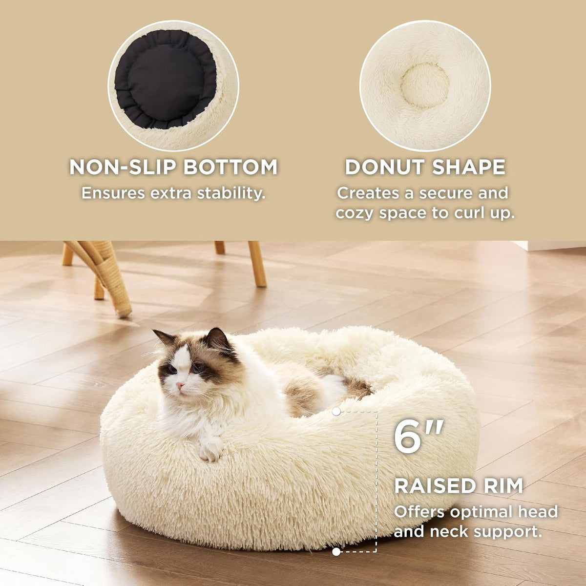 Bedsure Calming Cat Beds Donut Round Washable Kitten Bed,20 inches Cream